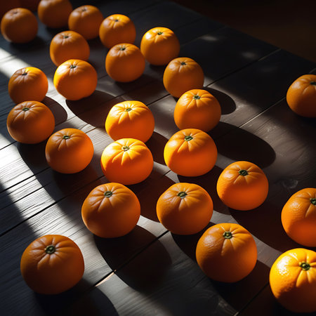 A collection of ripe oranges is arranged in diagonal rows on a dark wooden surface. Sunlight streams in from the left, casting long, dramatic shadows across the fruit and the table. The oranges are round and vibrant, with visible segments and a slightly textured rind. The lighting creates a strong contrast between light and shadow, highlighting the form of each individual fruit and the overall pattern of the arrangement.の素材