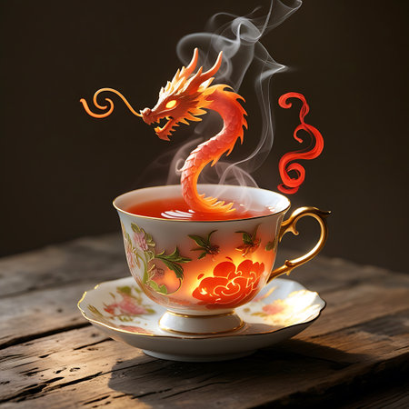 An orange dragon with glowing red eyes emerges from a white porcelain tea cup filled with steaming, glowing red tea. The dragon's body is coiled, and smoke rises around it. The tea cup and saucer are decorated with an ornate floral pattern in pink and green. The scene is set on a rustic wooden surface, with a dark, softly lit background that enhances the magical glow of the tea and the dragon.の素材