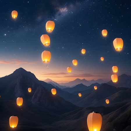 A breathtaking vista of layered mountain ranges is bathed in the soft hues of sunset and twilight. Numerous orange sky lanterns, each emitting a warm, inviting glow, are seen floating and ascending into the darkening sky. The lanterns create a magical spectacle against the backdrop of the majestic, silhouetted mountains and the star-speckled heavens.の素材