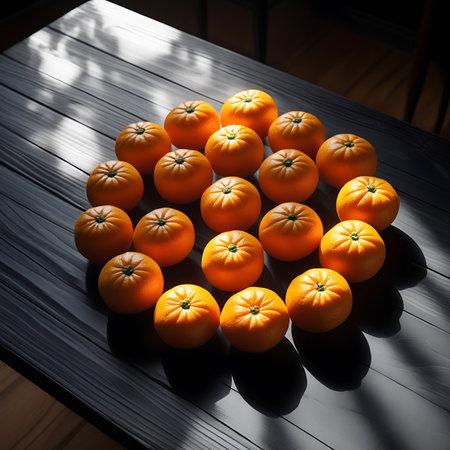 Numerous ripe oranges are arranged in a radial or spiral pattern on a dark, textured wooden surface. Sunlight enters from the upper left, casting sharp shadows that define the shape of each orange and create a dynamic interplay of light and dark. The oranges are bright and appear plump, with visible segment lines. The arrangement is visually striking, drawing the eye towards the center of the composition.の素材