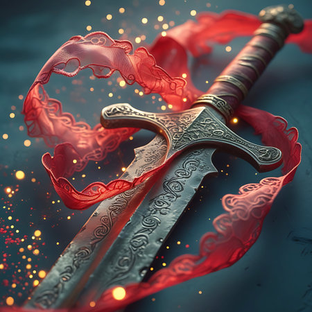 An ornate medieval sword lies horizontally, its blade intricately engraved. A delicate red lace ribbon is artfully wrapped around the hilt and flows around the blade. Golden sparkles and soft bokeh lights create a magical and dramatic atmosphere, highlighting the contrast between the weapon and the delicate fabric.の素材