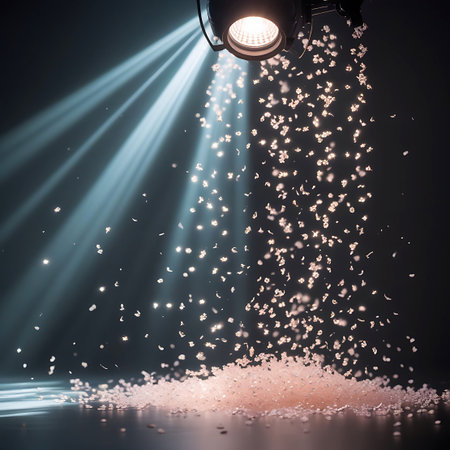 A gentle shower of small, pink and white confetti particles descends from above, caught in the bright beam of a single spotlight. The confetti is accumulating in a soft pile on a dark, reflective surface. The background is dark and out of focus, with subtle bokeh effects, highlighting the delicate falling confetti and the dramatic lighting.の素材