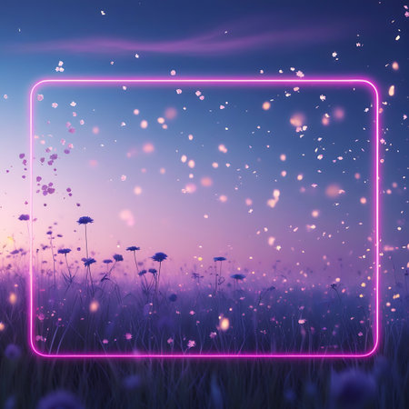 A bright pink neon rectangular frame hovers over a field of purple flowers at sunset. The sky transitions from a soft blue to a warm purple hue, with wispy clouds. Numerous small, glowing light particles drift through the air, creating a magical and ethereal atmosphere. The flowers in the field are silhouetted against the soft light.の素材