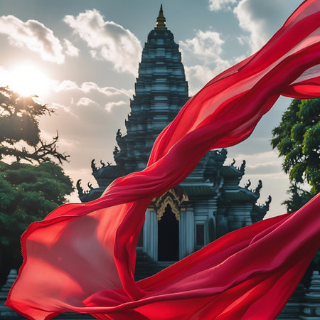 A vibrant red silk scarf dramatically billows in the foreground, its fabric catching the light. Behind it, a multi-tiered temple pagoda with intricate architectural details stands against a sky filled with soft clouds and the warm glow of sunset. Green trees frame the scene, adding a natural element to the cultural landmark.の素材