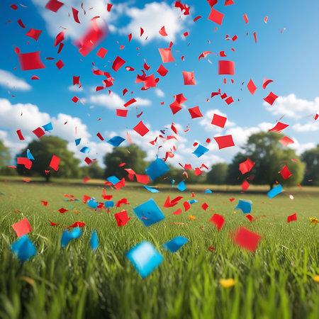 Red and blue confetti pieces are scattered and falling through a bright blue sky dotted with white clouds. The confetti is landing on a lush green grassy field with trees in the background. The scene is set outdoors on a sunny day, conveying a sense of celebration, joy, and festivity. The focus is on the dynamic movement of the falling confetti.の素材