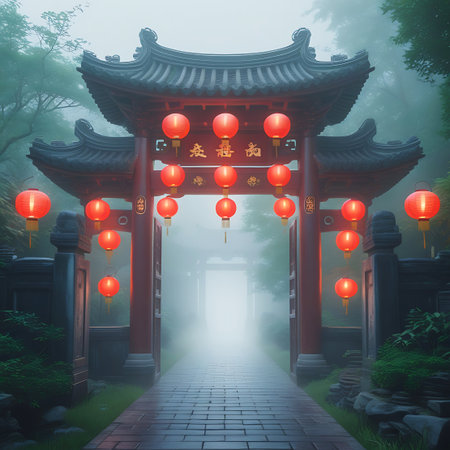 A traditional Chinese temple gate, painted red, is adorned with numerous glowing red lanterns. The gate stands at the end of a stone pathway, shrouded in a thick, atmospheric fog that lends a mystical and serene quality to the scene. Lush green trees and foliage surround the pathway and the gate, creating a tranquil and spiritual ambiance. The lanterns cast a warm, inviting glow through the mist, hinting at a hidden path beyond.の素材