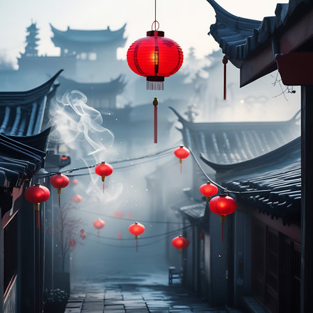A narrow cobblestone street in an ancient Chinese town is lined with traditional buildings with curved roofs. Numerous red paper lanterns hang from wires strung across the street, casting a warm glow. Wisps of smoke or mist drift through the air, adding to the atmospheric and moody ambiance of the scene at dusk.の素材