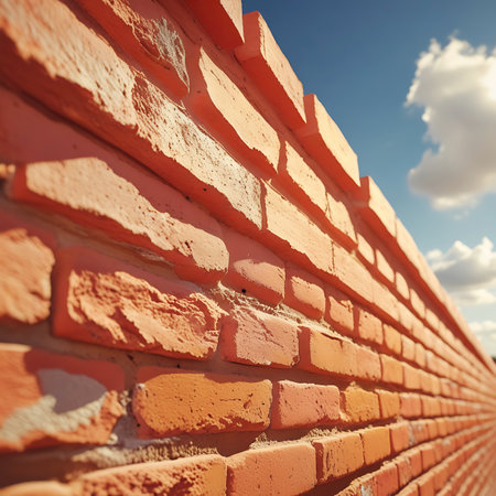A close-up, low-angle view of a weathered red brick wall extending into the distance. The bricks are textured and show signs of age. Above the wall, a bright blue sky is dotted with fluffy white clouds, suggesting a clear day. The perspective draws the eye along the length of the wall.の素材