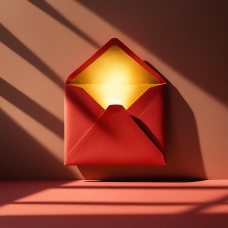 A red envelope with a gleaming gold interior is presented against a textured wall. The interior of the envelope is intensely illuminated, creating a bright, warm glow that emanates from within. Diagonal shadows are cast across the wall and the envelope, adding depth and drama to the scene. The composition highlights the contrast between the red exterior and the radiant golden interior.の素材