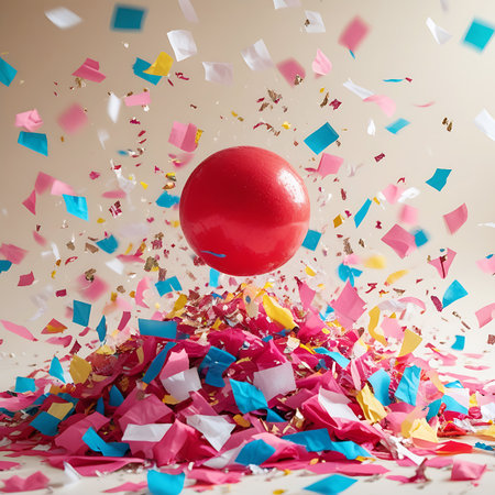 Dynamic showing red sphere ascending from pile of colorful confetti and streamers keywords: celebration, party, confetti, streamers, red sphere, ball, flying, falling, explosion, festive, bright, colorful, pink, blue, yellow, white, gold, glitter, joy, fun, surprise, event, birthday, holiday, announcement, gathering, happy, dynamic, motion, abstract, scattered, pile, airborne, upward, burst, vibrant description: a bright red sphere is captured in mid-air, appearing to ascend from a large,...の素材