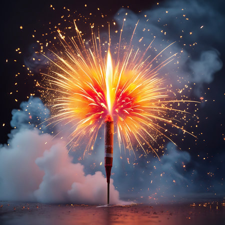 A vibrant firework is depicted in the midst of an explosion, emitting bright orange and yellow light that radiates outwards. Sparks fly in all directions, and plumes of white smoke drift around the spectacle. The firework itself has a red and white striped casing, and it is lit from the top.の素材