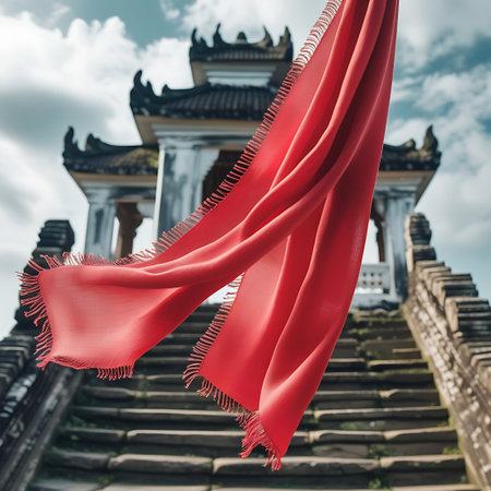 A vibrant red scarf with fringed edges billows dramatically in the wind, positioned in the foreground against a backdrop of ancient stone temple steps and a cloudy blue sky. The architecture suggests a historical or cultural site, with weathered stone and traditional design elements. The dynamic movement of the fabric contrasts with the static structure, creating a visually striking composition.の素材