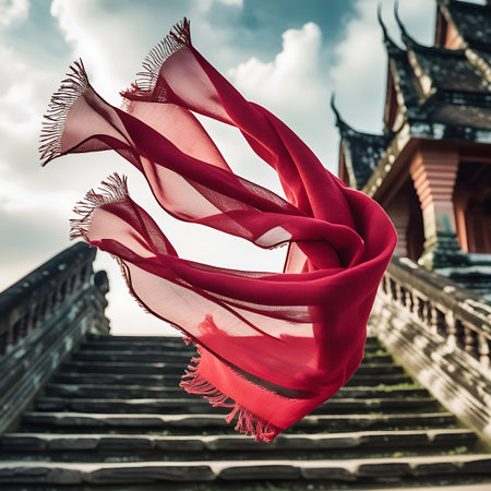 A vibrant red scarf with fringed edges is captured mid-air, billowing and twisting as if caught by the wind. In the background, weathered stone stairs lead up to an ornate, ancient temple structure with traditional architecture. The sky above is partly cloudy, suggesting an outdoor, exotic location.の素材