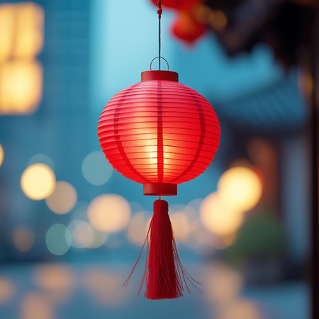 A single red Chinese lantern with a prominent red tassel is suspended outdoors, illuminated from within. The background features blurred city lights and architectural elements, creating a soft bokeh effect. The lantern's ribbed texture and the delicate strands of the tassel are clearly visible against the warm, diffused light of the evening.の素材