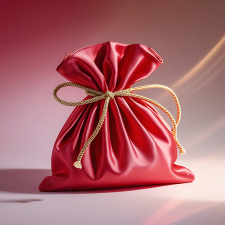 A close-up view of a red satin drawstring pouch, its fabric gathered and cinched with a decorative gold rope tie. The smooth, reflective surface of the satin catches the light, emphasizing its luxurious texture and the subtle folds. The pouch sits on a light pink surface, with a soft, diffused gradient background and gentle lighting that creates a serene and elegant presentation.の素材