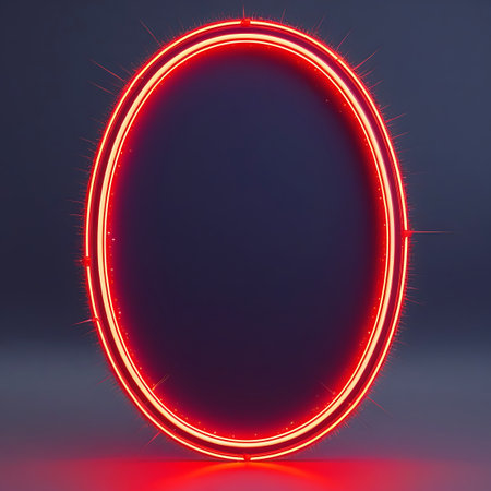 A bright red neon oval forms a central element, surrounded by sharp, radiating light rays or spikes that extend outwards. The neon light is intense, and the surrounding area is filled with small, glowing particles. The dark, textured background and the strong red reflection on the surface below contribute to a futuristic and energetic atmosphere, suggesting a powerful portal or energy source.の素材