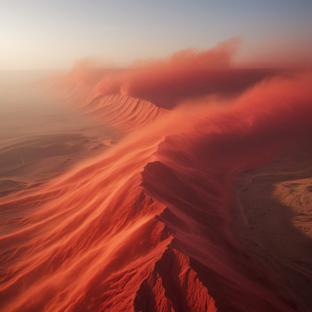 An aerial perspective reveals red sand dunes with intricate textures formed by the wind. Wisps and plumes of red sand are carried across the landscape, creating a sense of movement and atmospheric haze. The light is soft and diffused, casting gentle shadows and highlighting the undulating forms of the dunes. The scene conveys a feeling of vastness and the raw power of natural elements.の素材