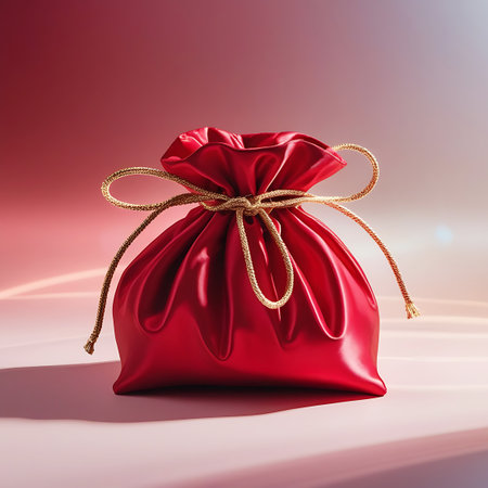 A lustrous red satin drawstring bag is prominently displayed, tied with a braided gold cord. The bag is gathered at the top, forming soft folds and creases that highlight the sheen of the fabric. It rests on a smooth, light pink surface, with a soft gradient background transitioning from pink to a lighter hue, illuminated by gentle studio lighting that casts subtle shadows and reflections.の素材