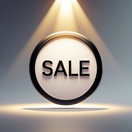 A circular sign displaying the word "SALE" in bold black lettering is the subject. A bright spotlight shines down, projecting distinct rays of light that illuminate the sign and the surrounding grey environment. The strong lighting emphasizes the promotional message and creates a sense of focus and importance for the retail announcement.の素材