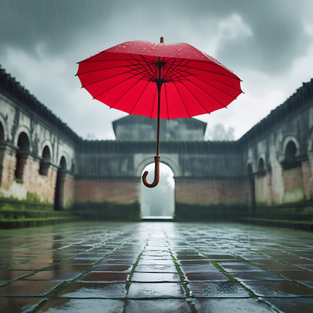A vibrant red umbrella floats suspended in the air, its surface speckled with raindrops. It is positioned centrally within a wet, tiled courtyard of an ancient stone structure. Arched doorways and moss-covered walls line the sides, with a pathway leading into a misty distance. The sky is overcast and grey, with visible rain falling, creating a moody and atmospheric scene.の素材