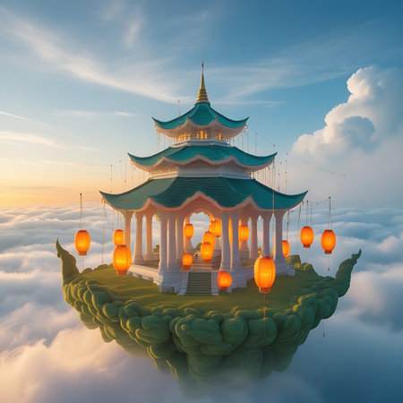 A beautiful floating pavilion, reminiscent of Asian architecture, is situated on a verdant, cloud-like island. The structure has a distinctive green roof and elegant white pillars. It is adorned with numerous glowing orange paper lanterns, creating a warm and inviting ambiance. The pavilion is surrounded by a soft expanse of clouds, with the sky transitioning from dawn to morning light.の素材