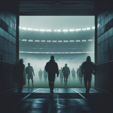 Towards showing silhouetted athletes walking through tunnel towards bright stadium entrance keywords: sports, stadium, tunnel, entrance, exit, figures, silhouettes, people, crowd, team, athletes, game, match, competition, arena, field, light, bright, dark, shadow, mystery, anticipation, journey, entranceway, pathway, illuminated, glowing, atmosphere, dramatic, perspective, forward, movement, group, unity, beginning, end, fog, mist description: multiple silhouetted figures, appearing to be...の素材