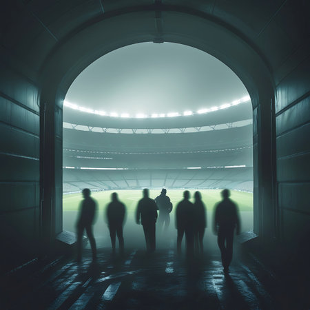Emerging showing silhouetted figures emerging from dark tunnel into bright stadium keywords: sports, stadium, tunnel, entrance, exit, figures, silhouettes, people, crowd, team, athletes, game, match, competition, arena, field, light, bright, dark, shadow, mystery, anticipation, journey, entranceway, archway, pathway, illuminated, glowing, atmosphere, dramatic, perspective, forward, movement, group, unity, beginning, end description: a group of silhouetted figures emerge from a dark, arched...の素材