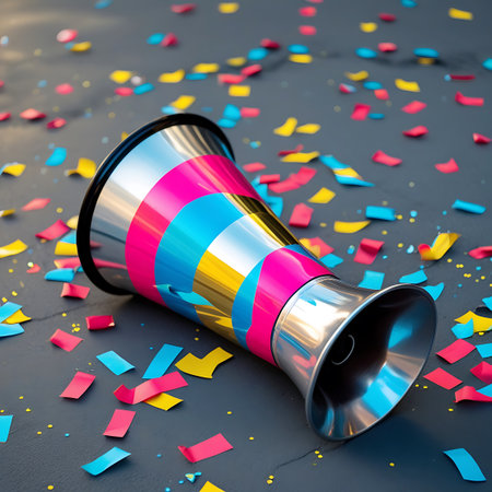 Object showing silver megaphone with colorful stripes on confetti- strewn surface keywords: celebration, party, confetti, streamers, megaphone, horn, silver, metallic, colorful stripes, pink, blue, yellow, red, scattered, festive, announcement, cheer, noise maker, event, birthday, holiday, fun, vibrant, shiny, reflective, dark surface, scattered paper, party supplies, object, accessory description: a metallic silver megaphone, adorned with vibrant pink, blue, and yellow stripes, lies on a...の素材