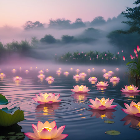 Lotus showing serene lotus pond with glowing flowers at dusk. High resolution image suitable for commercial use. Clear details and vibrant colors enhance visual appeal.の素材