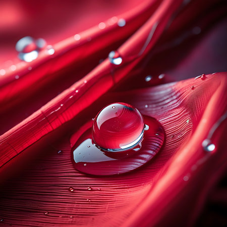 A large, clear red water droplet sits prominently on a textured red fabric. The droplet is highly reflective, showing distorted shapes of the fabric and surrounding light. Smaller water droplets and splashes are scattered across the fabric's surface, which features a subtle ribbed texture. The image emphasizes the interplay of light, liquid, and texture.の素材