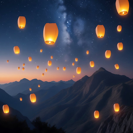 Numerous glowing sky lanterns are ascending into a dark, star-filled night sky above a silhouetted mountain range. The Milky Way is visible in the upper portion of the image, casting a faint glow. The lanterns are illuminated from within, creating a warm orange light that contrasts with the deep blues and purples of the sky and mountains. The scene evokes a sense of peace, tradition, and wonder.の素材