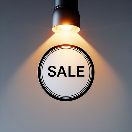 The word "SALE" is presented in bold black letters on a white circular sign. A warm spotlight from above casts focused beams of light, creating a halo effect and highlighting the sign against a grey background. The lighting is dramatic, drawing attention to the promotional message and the sign itself, suggesting a retail event or special offer.の素材