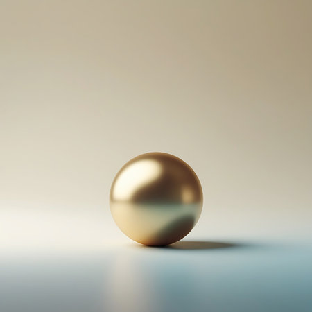A single, perfectly formed golden egg sits centered on a light-colored, reflective surface. The egg has a smooth, polished metallic sheen, reflecting soft light and casting a subtle shadow. The background is a gradient of soft, neutral tones, creating a minimalist and elegant presentation of the object.の素材
