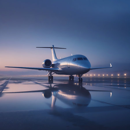A silver jet airplane stands on a wet runway under a clear twilight sky. The smooth, reflective surface of the tarmac captures a clear reflection of the aircraft and the numerous illuminated airport lights stretching into the distance. The scene evokes a sense of quiet anticipation and the vastness of air travel.の素材