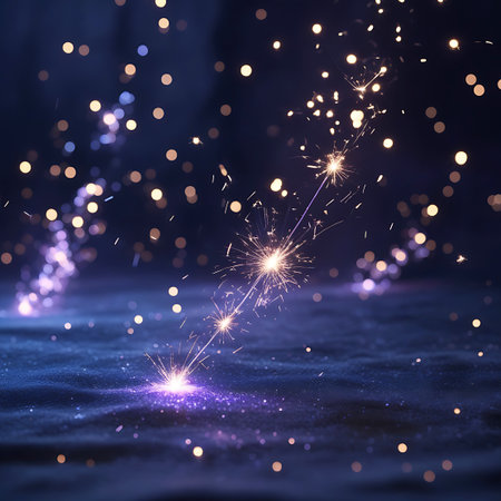 A close-up view of a trail of bright sparks from a firework or sparkler, arcing across a dark, textured surface. Numerous out-of-focus bokeh lights in warm yellow and cool purple hues are scattered throughout the background, creating a festive and magical atmosphere. The sparks are sharp and dynamic, with smaller embers flying off, suggesting movement and energy.の素材