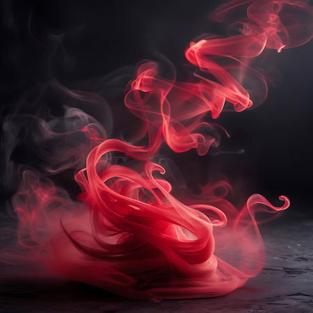 Abstract swirling red smoke or vapor creates dynamic, fluid shapes against a dark, textured background. The smoke glows with an internal light, casting subtle shadows and highlighting its delicate, wispy tendrils. The composition evokes a sense of energy, passion, and mystery.の素材