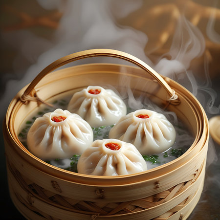 Four plump, white soup dumplings are arranged in a traditional bamboo steamer basket, nestled on a bed of green herbs. Wisps of steam rise from the dumplings, indicating they are hot and freshly prepared. The dumplings have a delicate pleated top with a small opening revealing a hint of orange filling. The basket is woven from light-colored wood, and a curved handle arches over the top. The background is softly blurred with warm, golden light.の素材