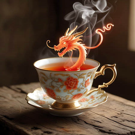 A vibrant orange dragon-shaped tea infuser steams as it sits in a delicate porcelain teacup filled with amber-colored tea. The cup and saucer feature an ornate floral pattern with gold trim, resting on a rustic wooden surface. Wisps of steam rise from the hot beverage, creating a cozy and inviting atmosphere.の素材