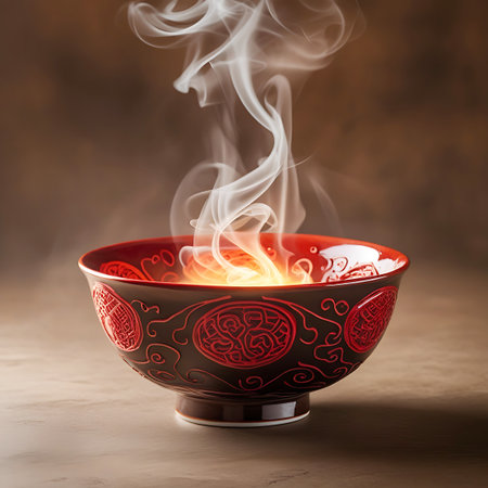 A close-up view of a dark ceramic bowl with an intricate red ornate pattern. The bowl is filled with a glowing, hot substance, from which thick white wisps of steam rise dramatically into the air. The textured background adds a rustic and warm feel to the image, highlighting the appetizing nature of the steaming contents.の素材