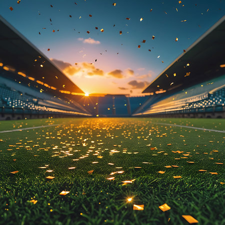 A wide-angle, low-angle view looking down a sports stadium field towards a setting sun. The green grass is covered with scattered gold and blue confetti. The stadium's blue seating sections flank the field, creating a sense of perspective. The sun is positioned in the distance, between the two grandstands, casting a powerful sunburst with visible rays that illuminate the field and the falling confetti. The sky is a clear blue with hints of clouds near the sun.の素材