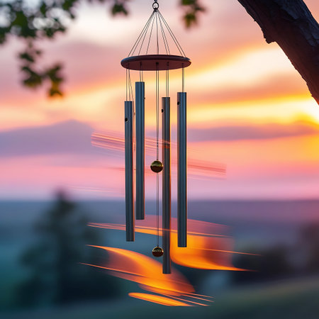 A wind chime made of metal tubes with a wooden top and golden spherical accents hangs from a tree branch. The background is a breathtaking sunset with a gradient of orange, pink, and purple. The effect of motion blur adds a dynamic and ethereal quality to the scene, evoking a sense of peaceful movement.の素材