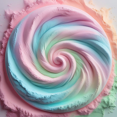 A top-down, close-up view of a large, circular disc of dough with a prominent swirling pattern. The dough is a blend of vibrant pastel colors including pink, blue, green, and yellow, creating a dynamic and eye-catching effect. The edges of the disc are surrounded by a fine dusting of pastel-colored powder, adding a soft, textured contrast. The image has a smooth, almost ethereal quality, with a focus on the organic shapes and textures.の素材