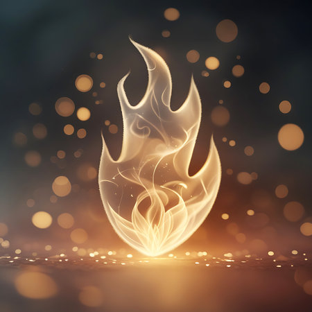 A stylized, luminous flame shape dominates the center of the image, emitting a warm glow. The flame is composed of translucent, flowing elements with internal light. Tiny, sparkling particles are scattered around the flame and on the textured surface below, enhancing the magical and energetic feel. Out-of-focus bokeh lights create a soft background.の素材