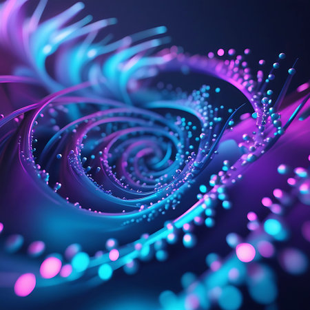 An abstract digital artwork depicts a swirling vortex of neon blue and purple fibers. Tiny glowing particles, in shades of pink and blue, are scattered throughout the composition, some trailing along the curved lines. The overall effect is one of dynamic movement and digital energy, with a dark, out-of-focus background.の素材