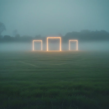 Three illuminated archways, outlined with bright orange glowing lights, are spaced across a grassy field. A thick layer of fog or mist covers the ground, creating an ethereal and mysterious atmosphere. The background shows the dark silhouettes of trees against a muted, twilight sky. The arrangement of the archways suggests a pathway or a surreal entrance.の素材