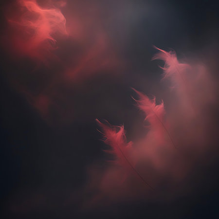 Three delicate red feathers are depicted floating within a dark, abstract cloudscape. The wispy, ethereal texture of the feathers is softly illuminated, creating a dreamy and mysterious atmosphere. The fluid, organic forms and moody lighting contribute to an artistic and visually captivating composition.の素材