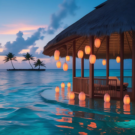 A serene tropical scene at twilight featuring an overwater bungalow with a thatched roof. Numerous glowing lanterns are suspended from the structure and float on the calm, turquoise ocean water, casting warm reflections. Palm trees are visible on a small island in the distance under a colorful sunset sky with soft clouds.の素材