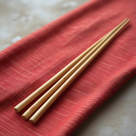 Three light-colored wooden chopsticks are arranged diagonally on a textured red cloth. The fabric features a subtle woven pattern with fine, lighter-colored horizontal lines. The chopsticks have a smooth finish and appear to be made of bamboo, with some subtle decorative markings near the tips. The cloth is placed on a mottled grey and white surface resembling marble. The image is a close-up, highlighting the textures and details.の素材