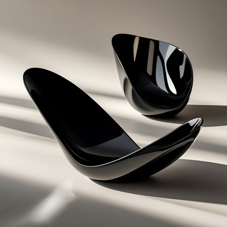 Two sleek, modern sculptural bowls are positioned on a neutral-toned surface. The bowls are made of a glossy black material, reflecting the ambient light and casting subtle shadows. Their organic, curved shapes suggest a contemporary design aesthetic, suitable for decorative purposes or as unique art objects.の素材