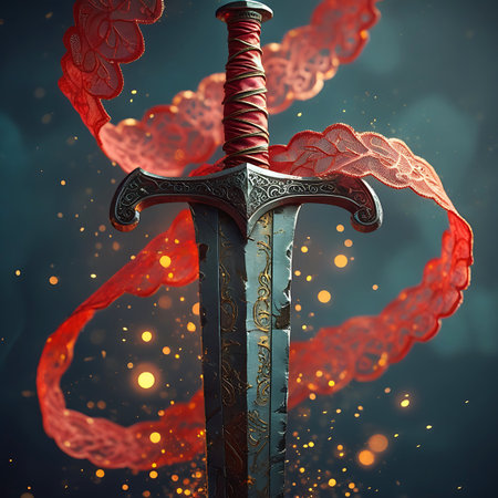 A vertical, close-up view of an ornate medieval sword. The blade features intricate engravings, and the handle is wrapped in red lace. The red lace ribbon flows upwards around the sword, adorned with golden sparkles and soft bokeh lights that create a mystical and dramatic ambiance.の素材